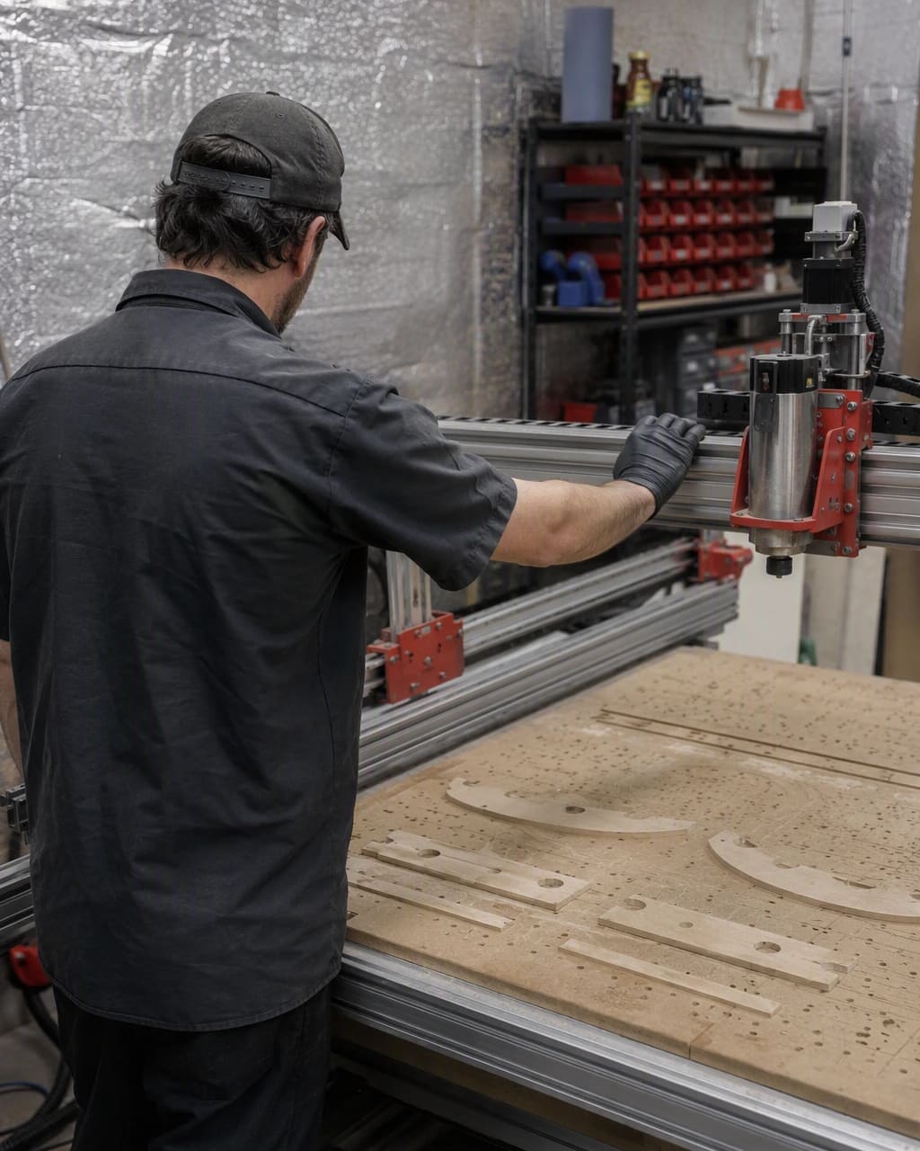 Illustration of an operator at a CNC router, seen from behind