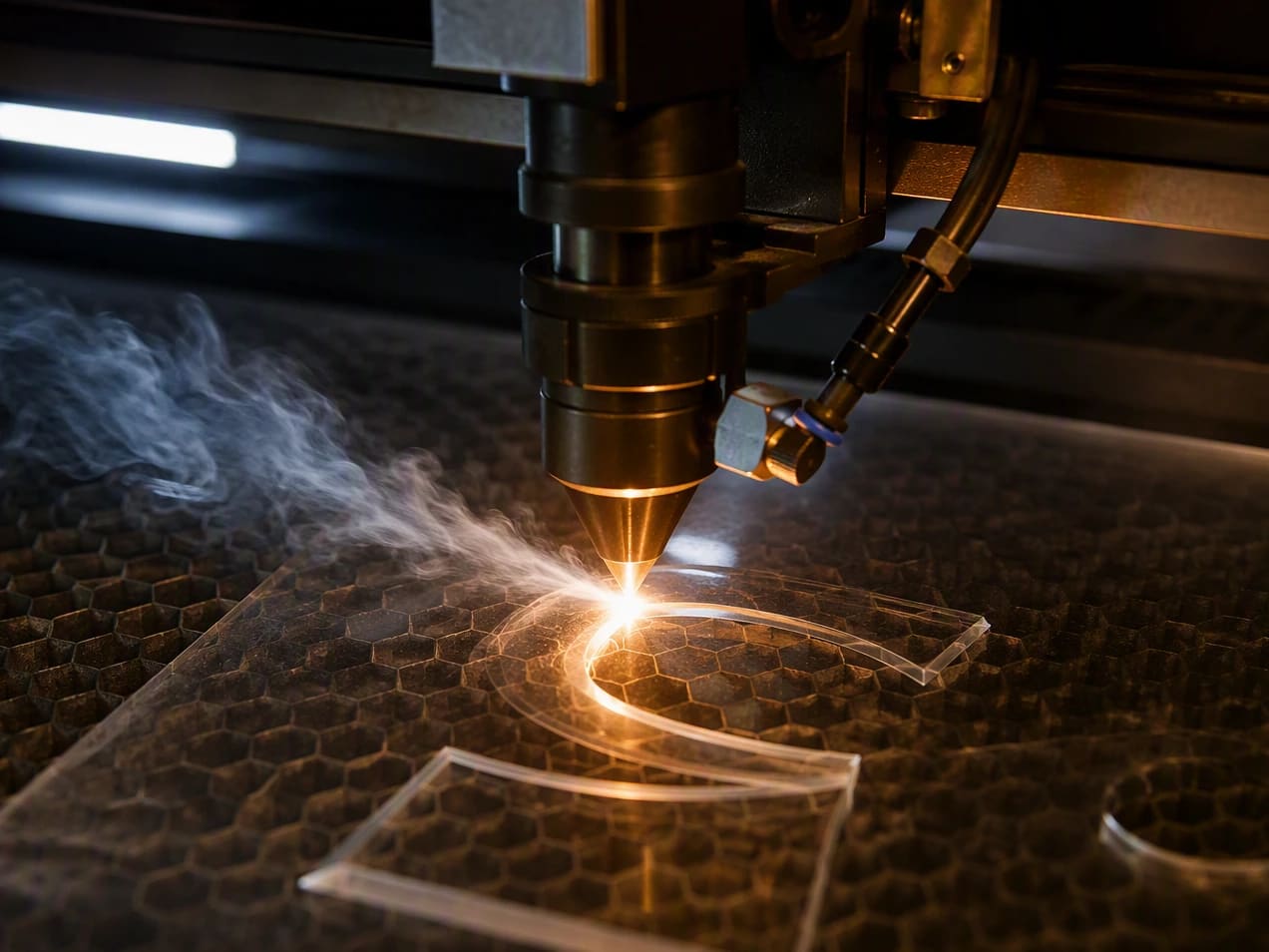 Laser cutter mid-cut, clear acrylic on a honeycomb bed