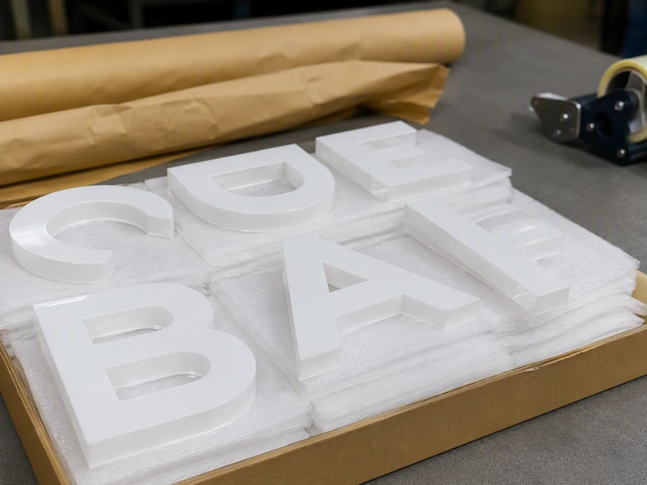 Cut acrylic letters packed in foam, ready for pickup