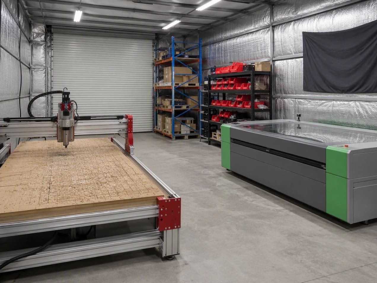 Illustration of a CNC router and a laser cutter in a workshop